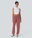 Crossover High Waisted Pocket Drawstring Casual Joggers - Brick Red Mix