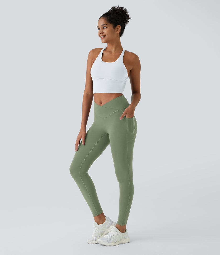 SoftlyZero™ Crossover Pocket Plain Leggings-UPF50+ - Asparagus