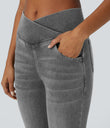Halara Flex™ High Waisted Crossover Pocket Washed Casual Flare Jeans - Black Iron Gray Denim