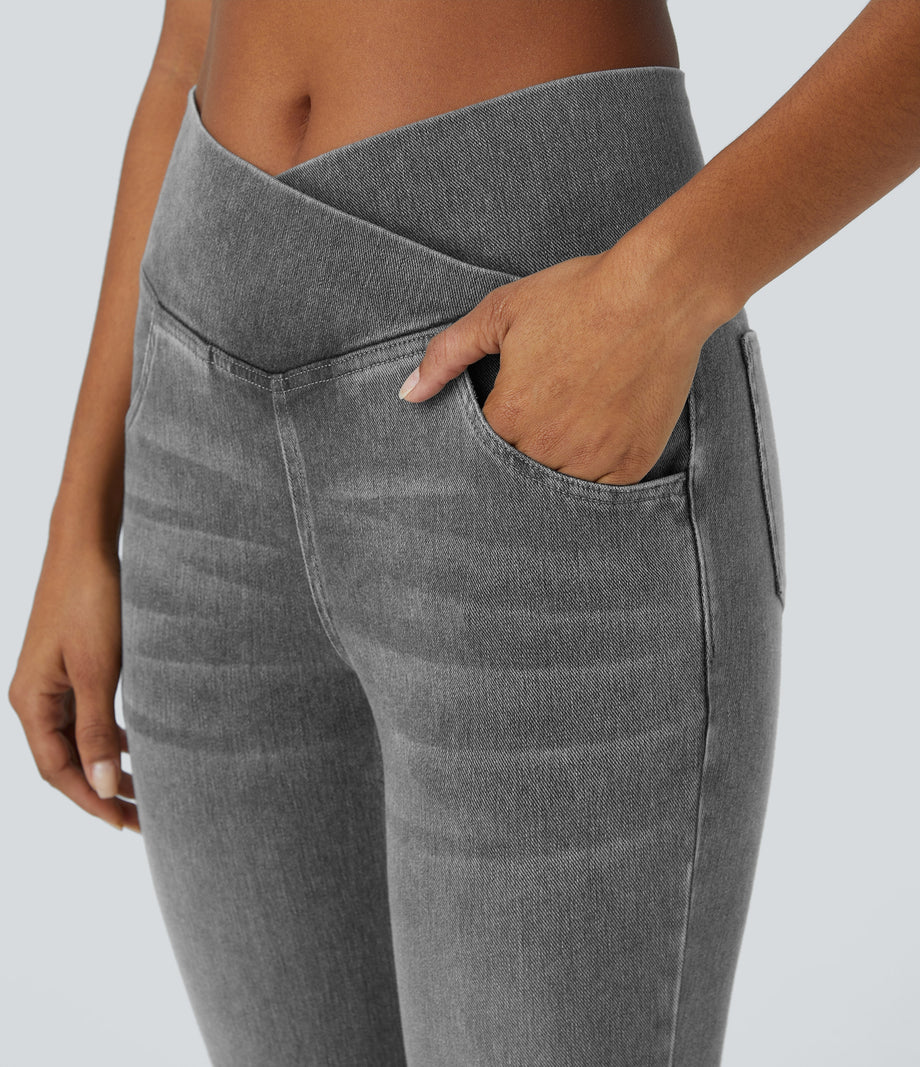 Halara Flex™ High Waisted Crossover Pocket Washed Casual Flare Jeans - Black Iron Gray Denim