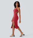 Ruched Lace Up Bodycon Midi Casual Dress - Winterberry