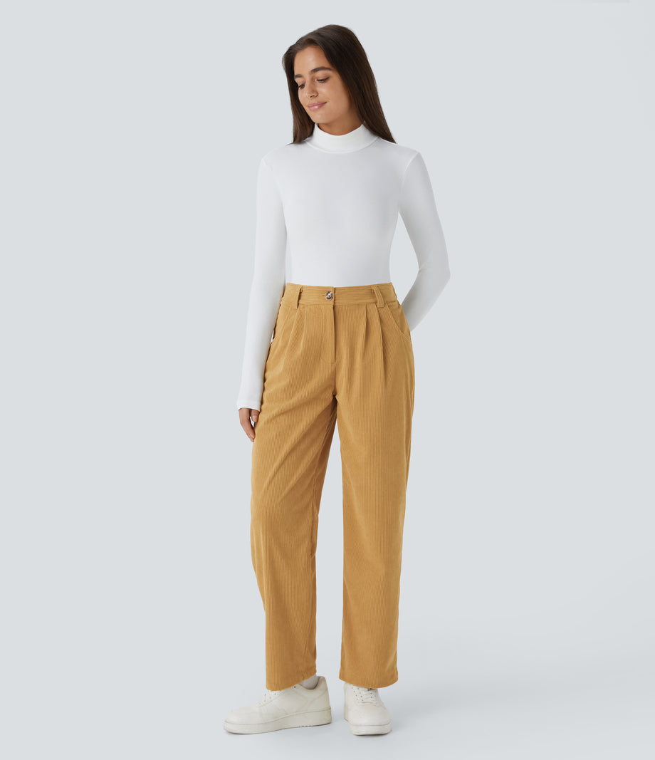Mid Rise Zipper Pocket Corduroy Casual Pants - Amber Gold