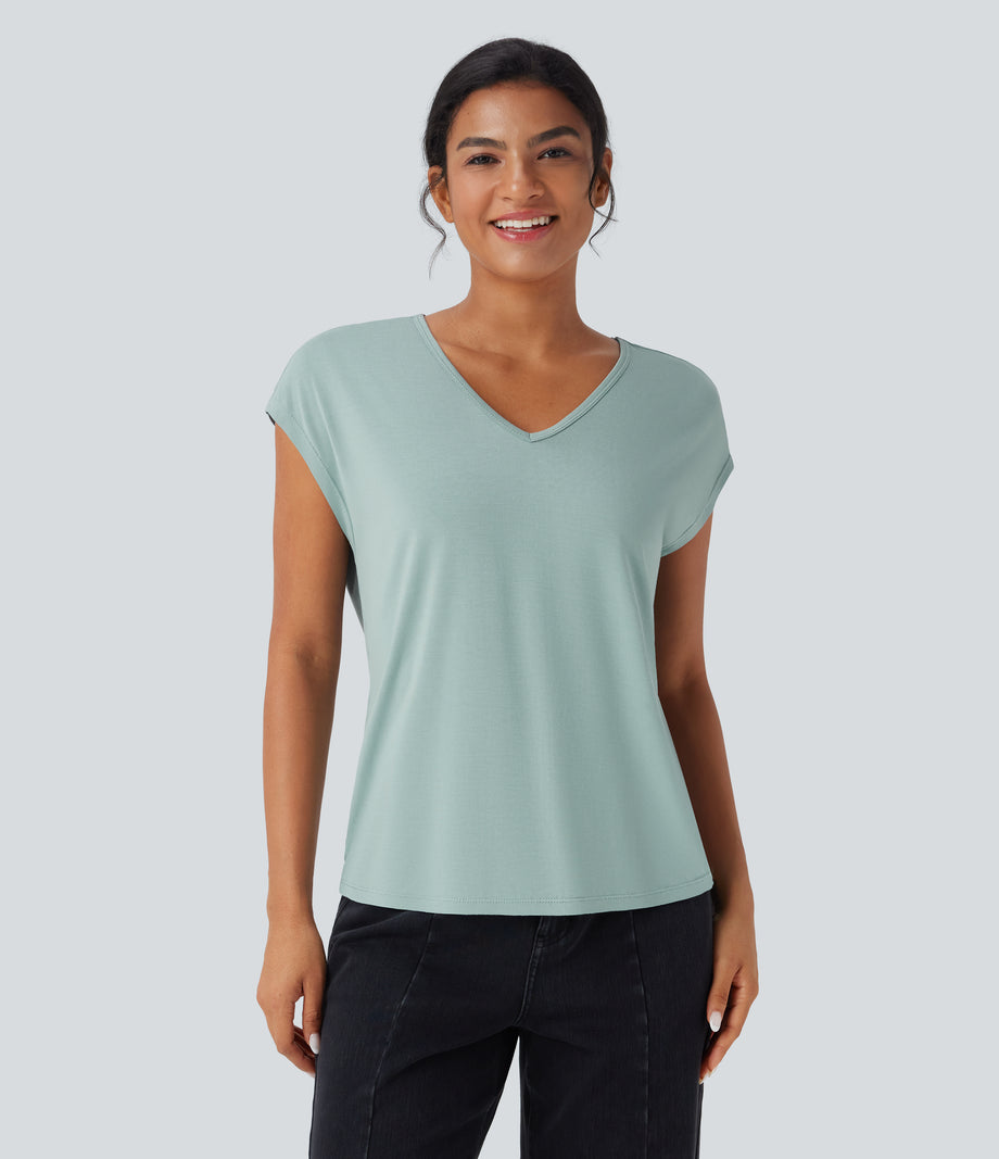 V Neck Short Sleeve Casual T-Shirt - Blue Surf