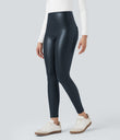 High Waisted Tummy Control Stretchy PU Fleece 7/8 Skinny Casual Leggings with Pockets - Stratified Sea