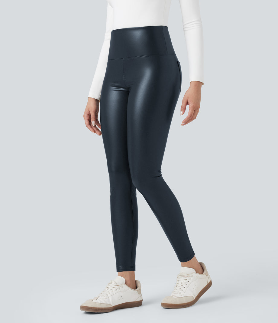 High Waisted Tummy Control Stretchy PU Fleece 7/8 Skinny Casual Leggings with Pockets - Stratified Sea