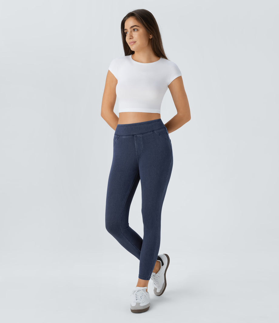 Halara Flex™ High Waisted Pocket Denim Casual Leggings - Washed Denim Navy Blue