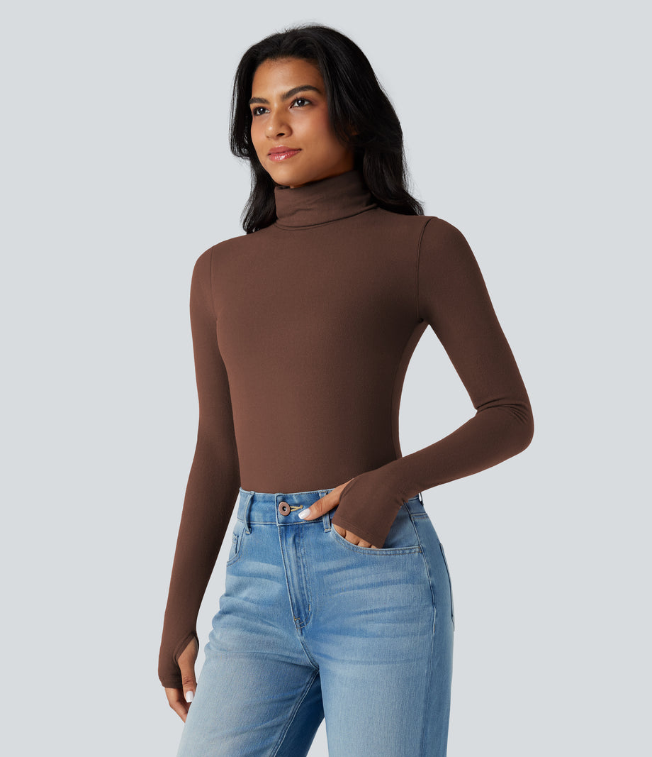 Halara HeatCore Turtleneck Long Sleeve Thumb Hole Casual Warming Top - Rocky Road