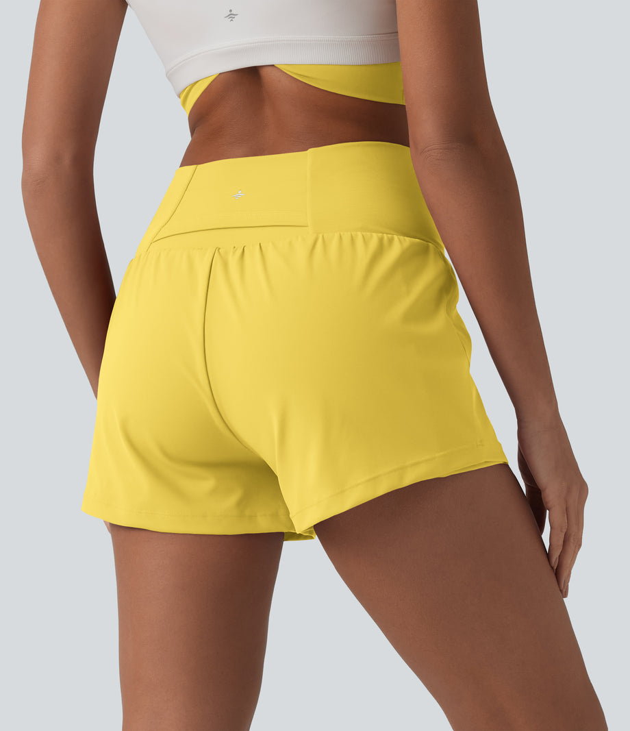SoftlyZero™ Airy Crossover High Waisted 2-in-1 Cool Touch Yoga Shorts 3'' with Pockets - Goldfinch