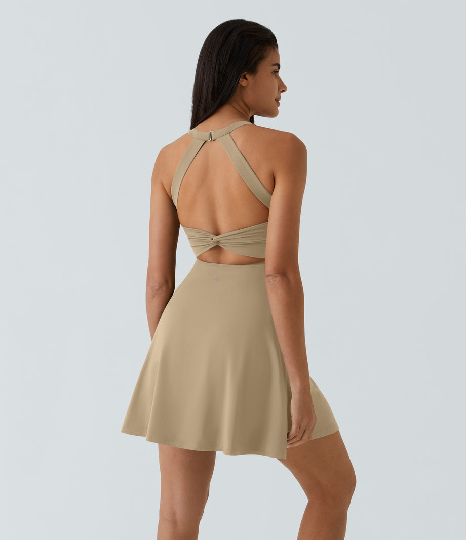 SoftlyZero™ Airy Backless Twisted Flare Low Support Dance Active Dress-Longer Length-Easy Peezy Edition A-D Cups - Curds & Whey
