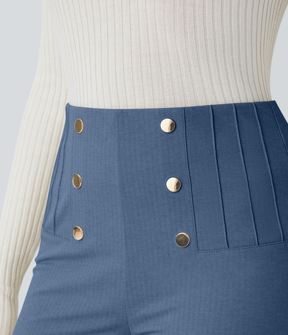 High Waisted Tummy Control Decorative Back Zipper Pockets Herringbone Work Leggings - Blue Horizon