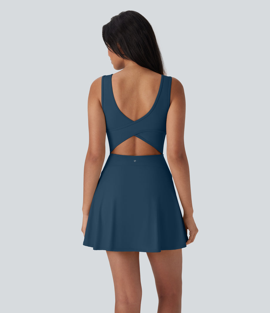 SoftlyZero™ Airy U Neck 2-in-1 Pocket Mini Cool Touch Dance Active Dress-Easy Peezy - Majolica Blue