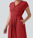 Breezeful™ V Neck Short Sleeve Pocket Tie Back Quick Dry Midi Casual Dress - Pompeian Red