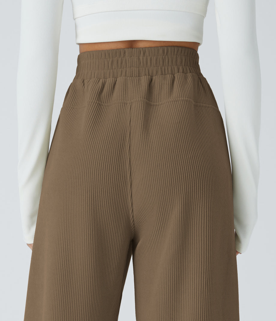 High Waisted Pocket Straight Leg Baggy Mop Corduroy Casual Pants - Chestnut Brown