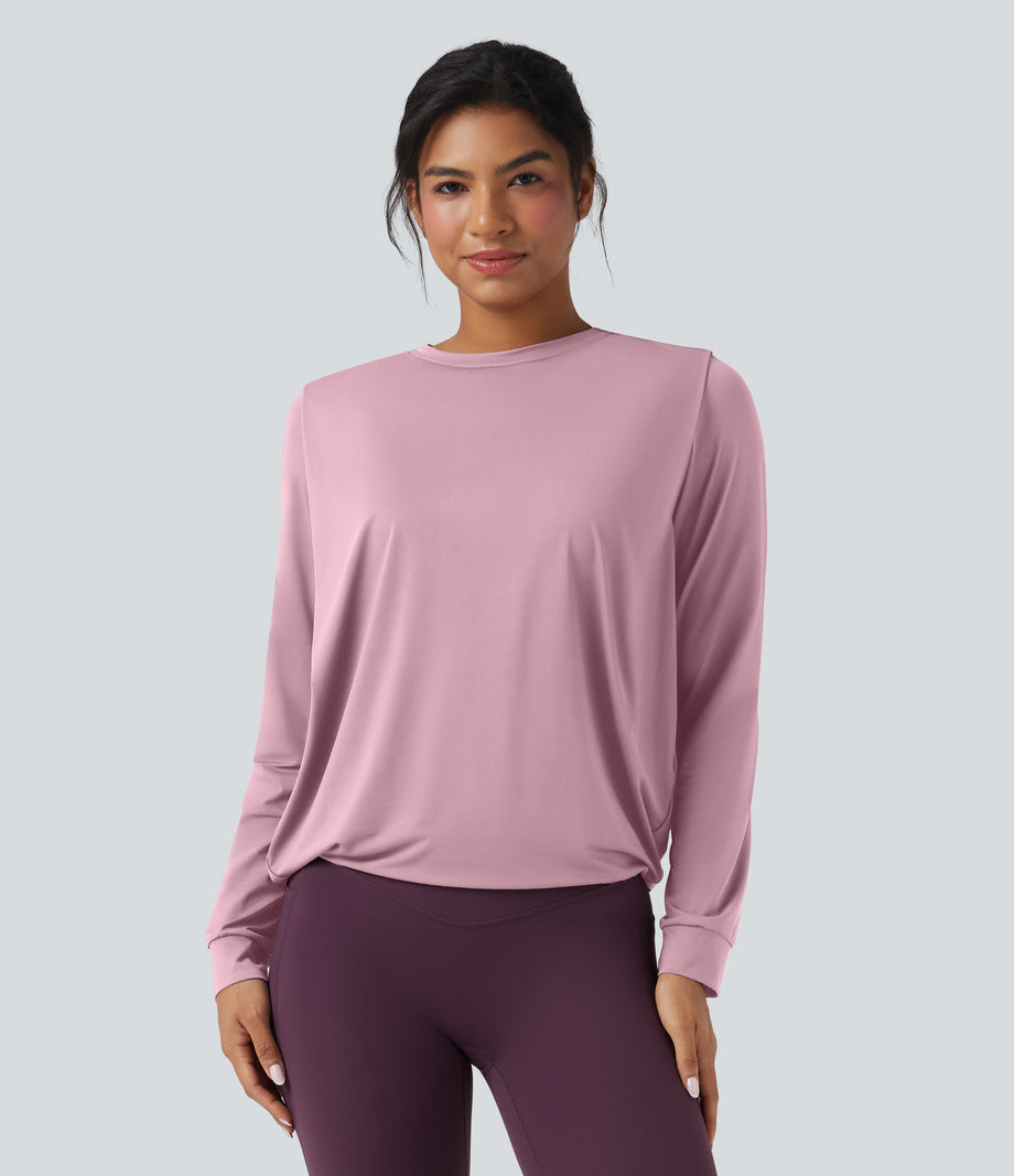 Round Neck Long Sleeve Ruched Yoga Sports Top-UPF50+ - Pink Nectar
