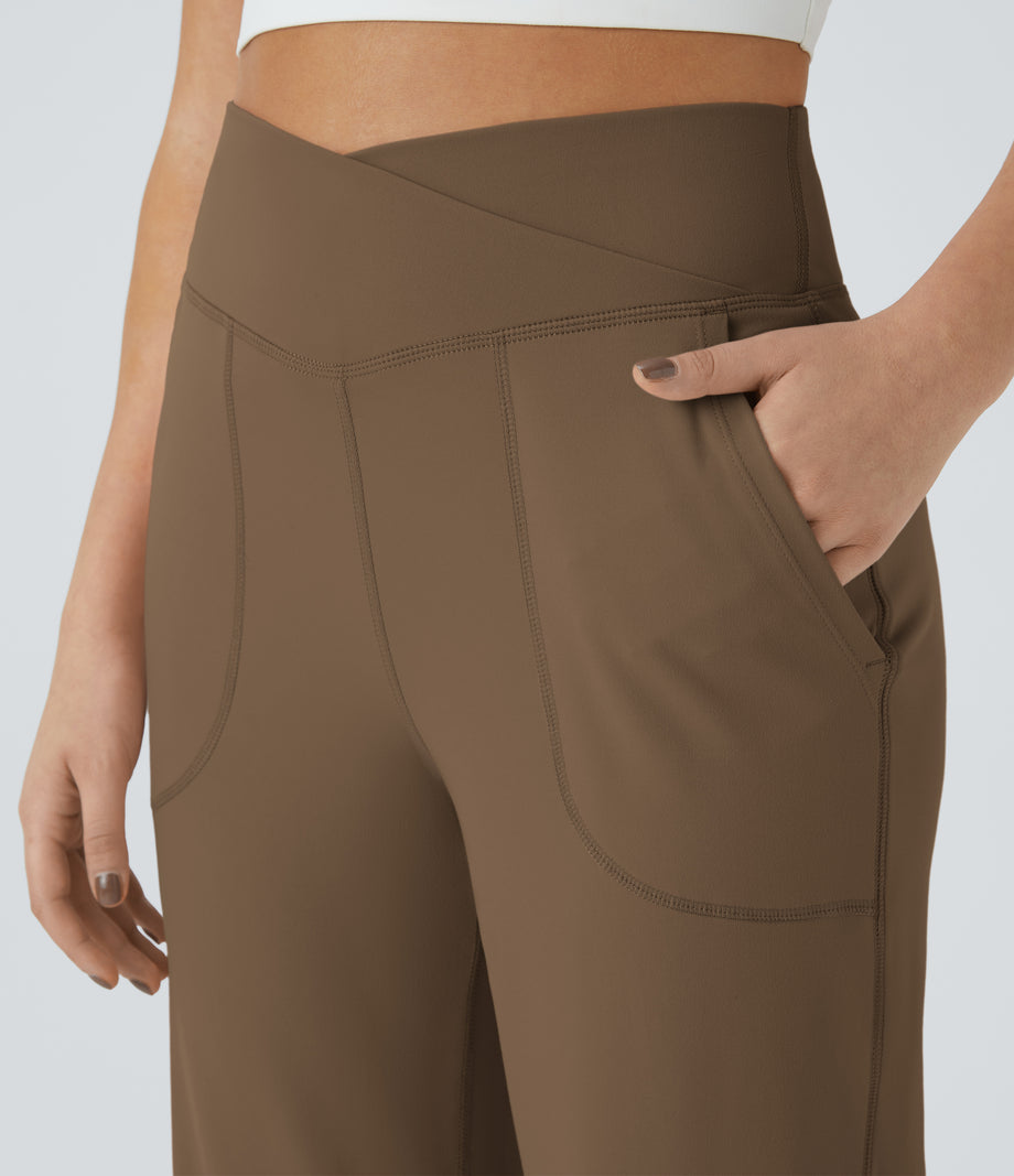 DayStretch Crossover Pocket Hem Wide Leg Yoga Pants-Smile - Sepia