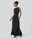 Ribbed Boat Neck Asymmetric Strap Ruched Pocket Flowy Maxi Casual Dress - Black