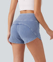 Halara Flex™ High Waisted Tummy Control Curved Hem Skinny Denim Casual Shorts with Pockets - Powder Blue Denim