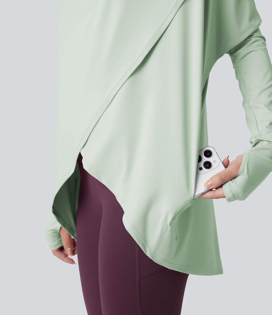 Hooded Cowl Neck Long Sleeve Thumb Hole Yoga Sports Top with Pockets - Dewkist