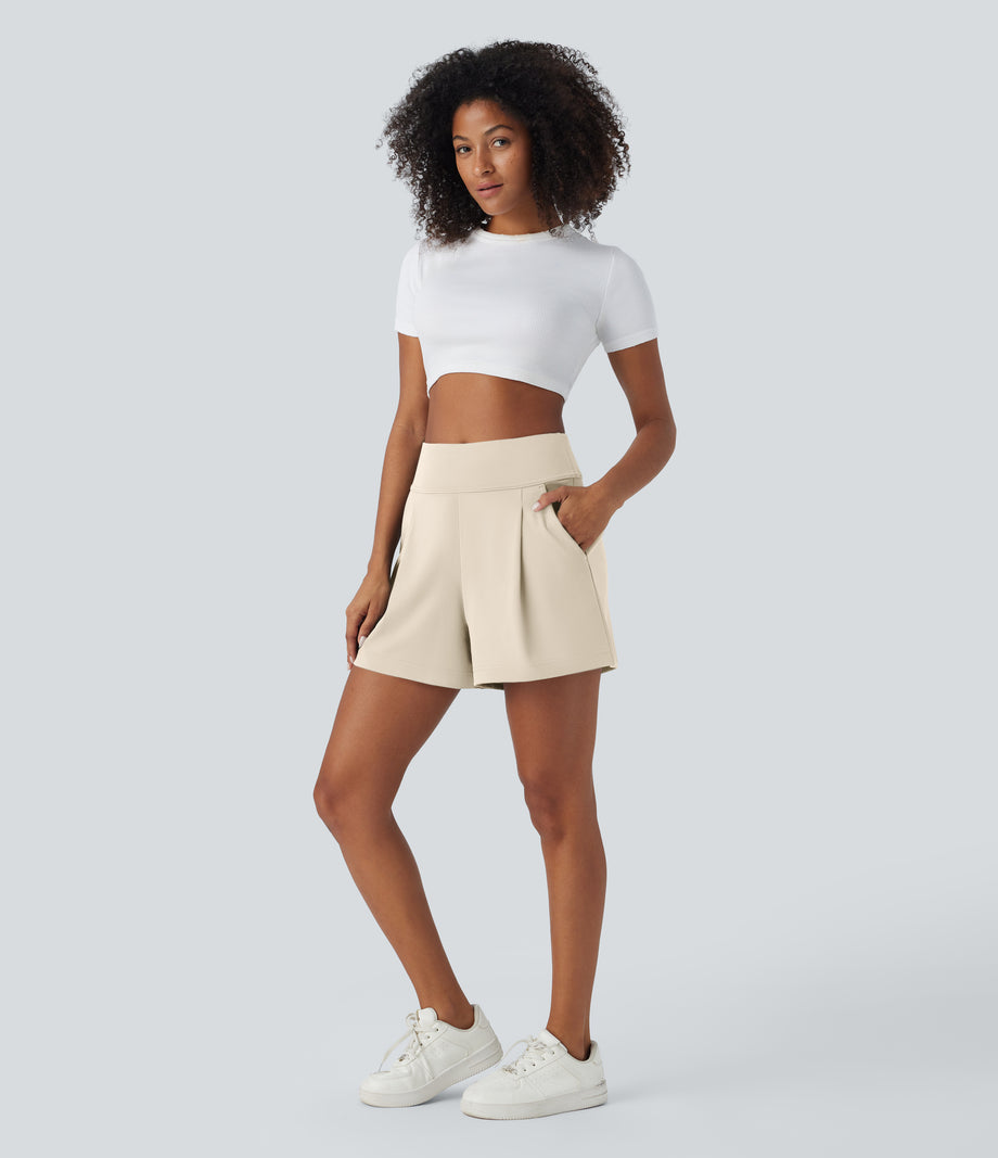 DayStretch High Waisted Work Baggy Shorts 4'' with Pockets - Oat Milk