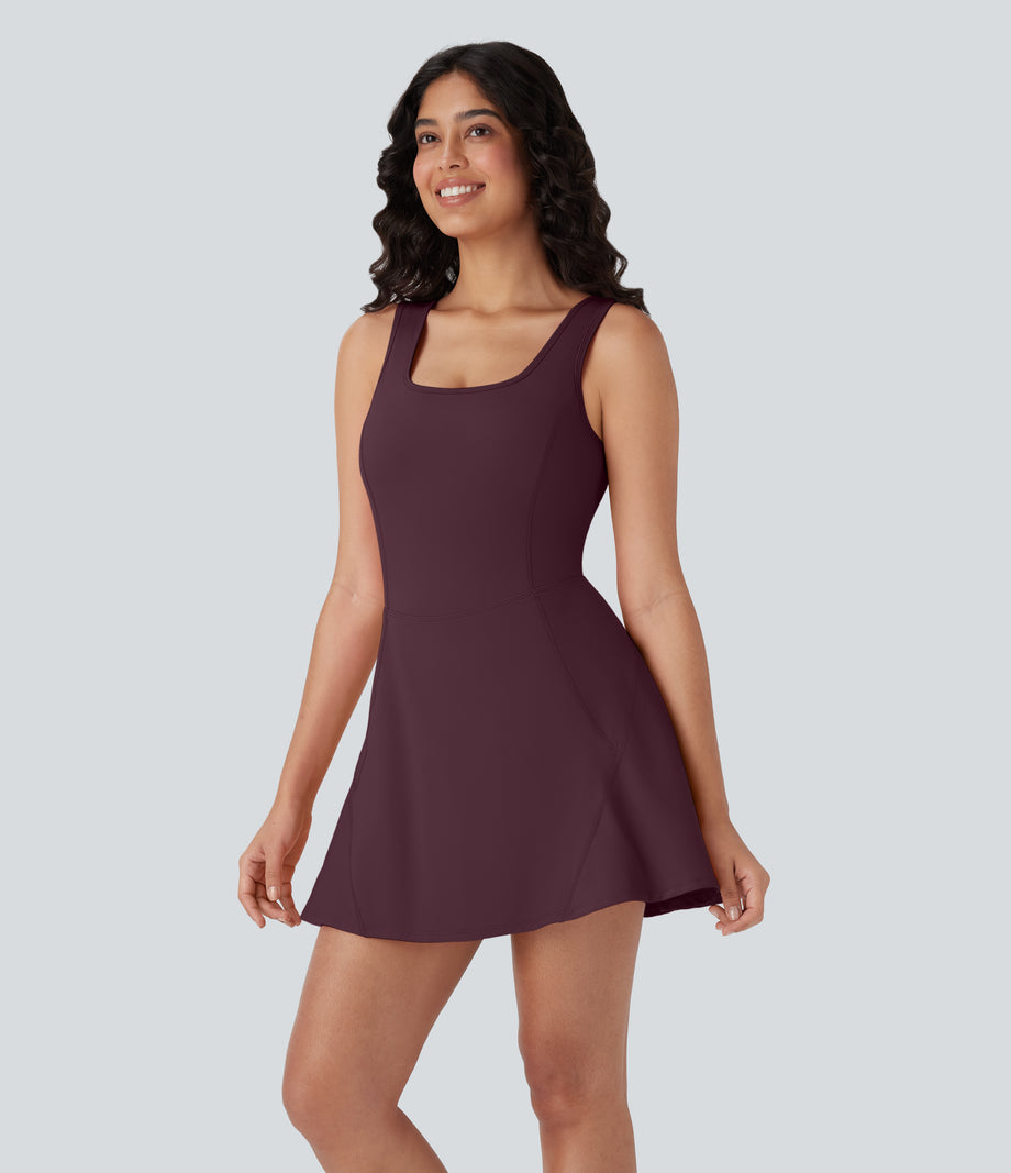 SoftlyZero™ Airy U Neck 2-in-1 Pocket Mini Cool Touch Dance Active Dress - Fig