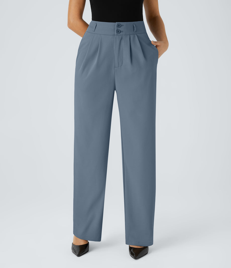 Halara Flex™ High Waisted Zipper Pocket Shirred Straight Leg Work Pants - Coronet Blue
