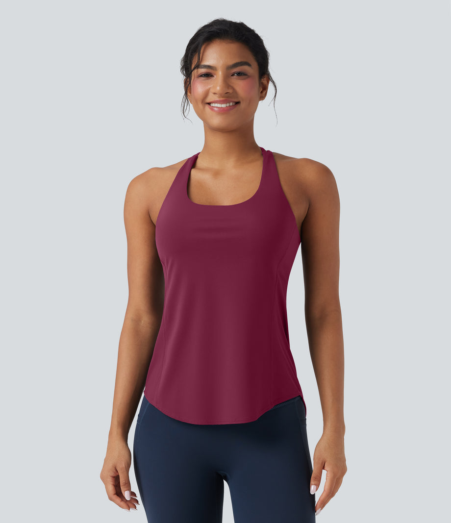 Halara UltraSculpt™ Round Neck Crisscross Back Running Tank Tops DD-F Cups - Red Plum