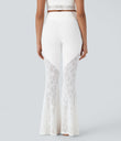 SoftlyZero™ High Waisted Crossover Pocket Contrast Lace Flare Yoga Leggings - White
