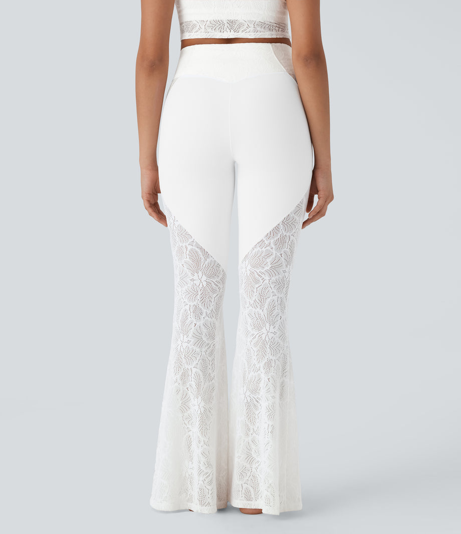 SoftlyZero™ High Waisted Crossover Pocket Contrast Lace Flare Yoga Leggings - White