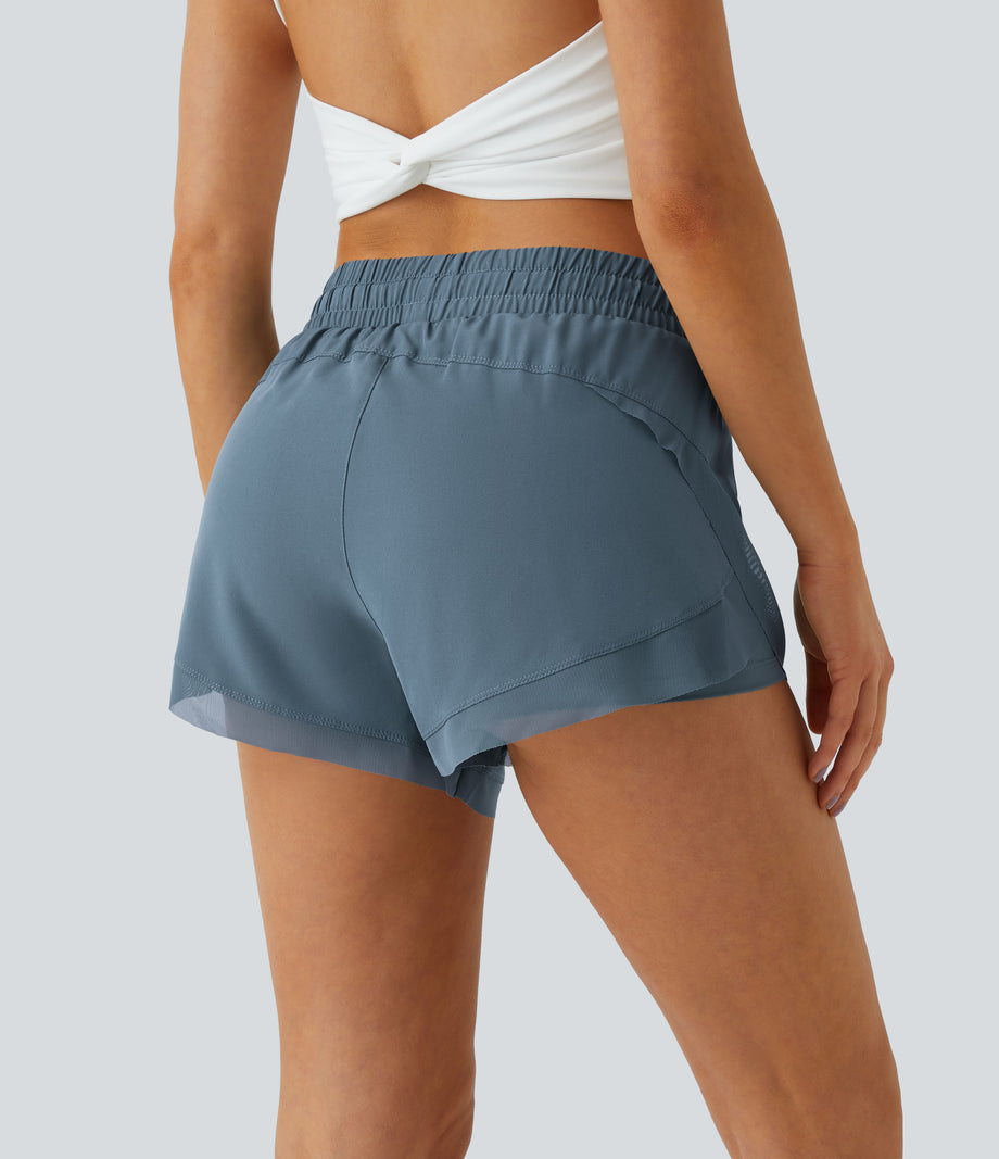 Mid Rise Drawstring Contrast Mesh 2-in-1 Flowy Running Shorts 3'' - Indian Teal