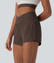 SoftlyZero™ Airy Crossover High Waisted 2-in-1 Cool Touch Yoga Shorts 3'' with Pockets - Chocolate Martini