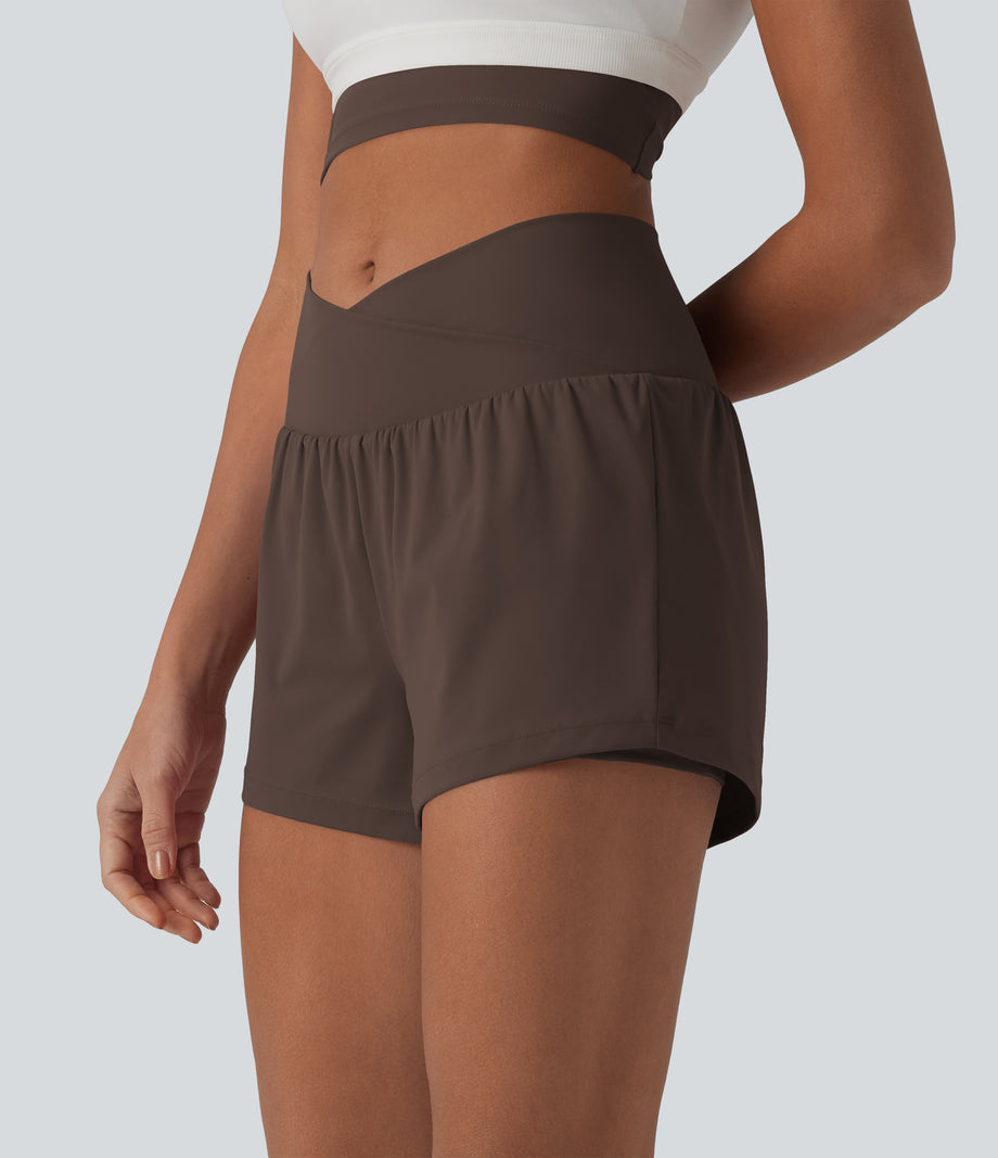 SoftlyZero™ Airy Crossover High Waisted 2-in-1 Cool Touch Yoga Shorts 3'' with Pockets - Chocolate Martini