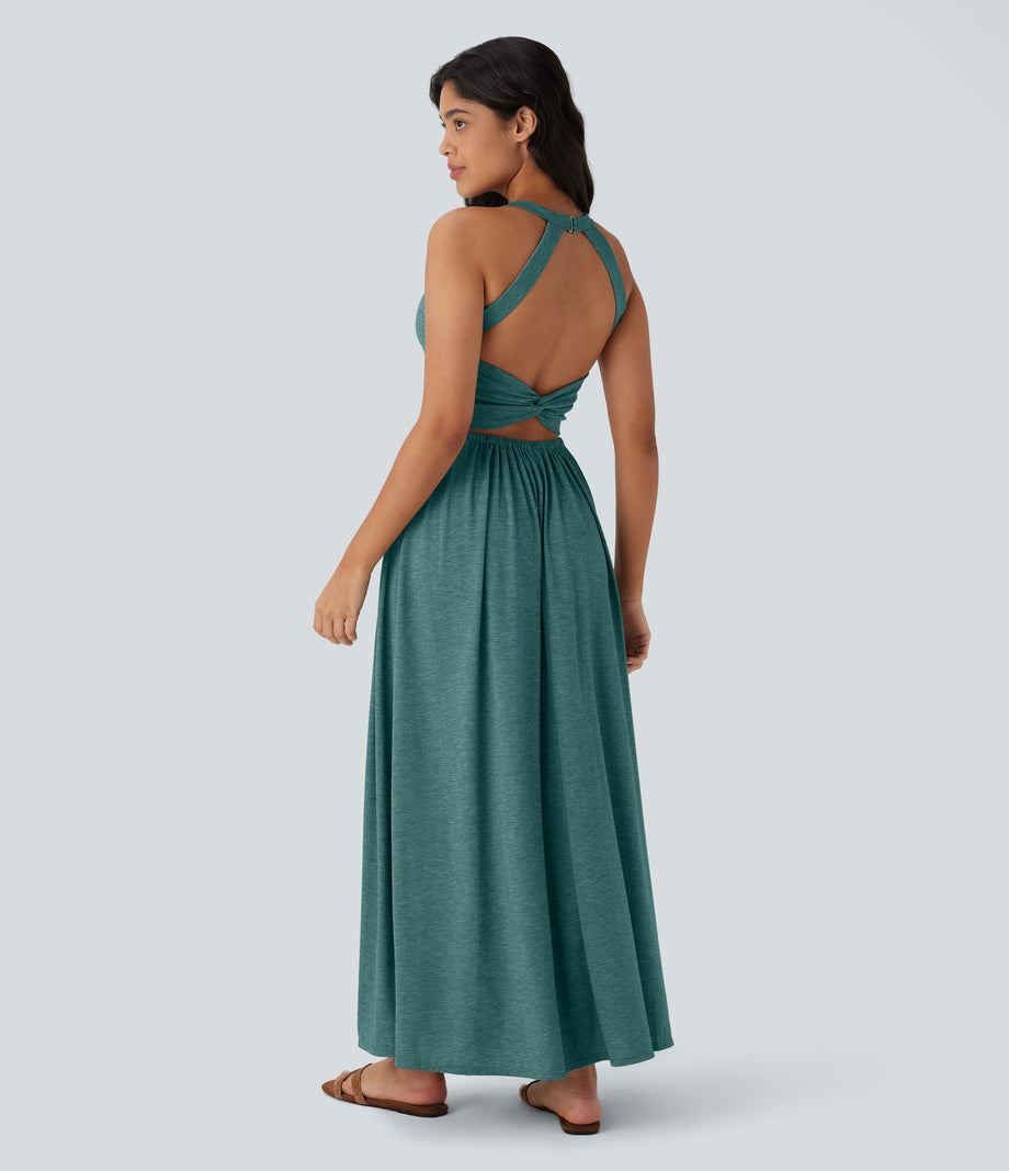 Twisted Backless Split Flowy Maxi Resort Dress with Pockets - Jade Green Floral Yarn