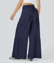 Breezeful™ High Waisted Shirred Tie Front & Back Wide Leg Flowy Quick Dry Casual Pants - Black Diamond Blue