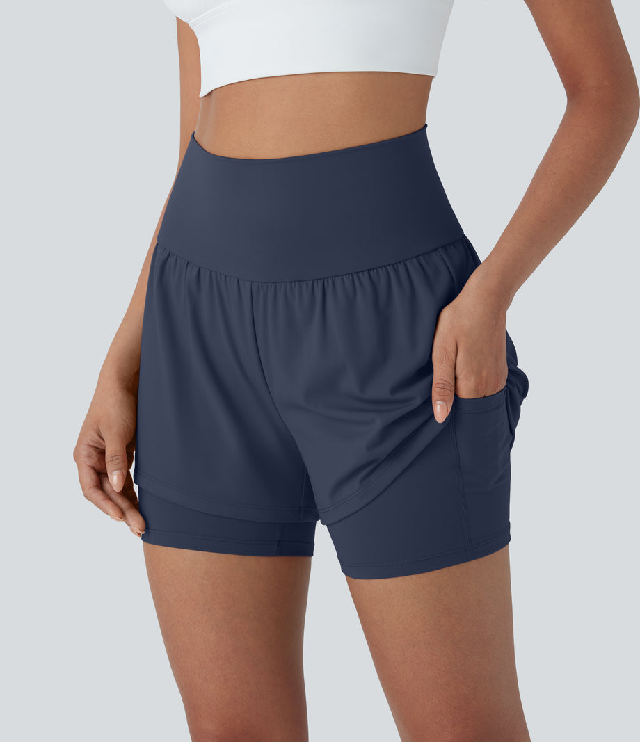 SoftlyZero™ Airy Super High Waisted 2-in-1 Cool Touch Yoga Shorts 5'' with Pockets - Mood Indigo