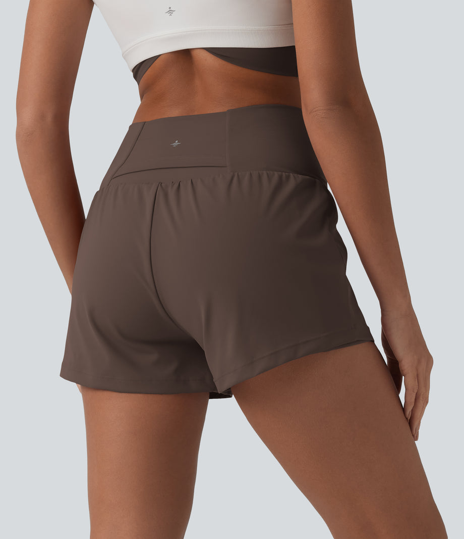SoftlyZero™ Airy Crossover High Waisted 2-in-1 Cool Touch Yoga Shorts 3'' with Pockets - Chocolate Martini