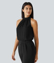 Keyhole Back Halter Sleeveless Curved Hem Work Blouse - Black