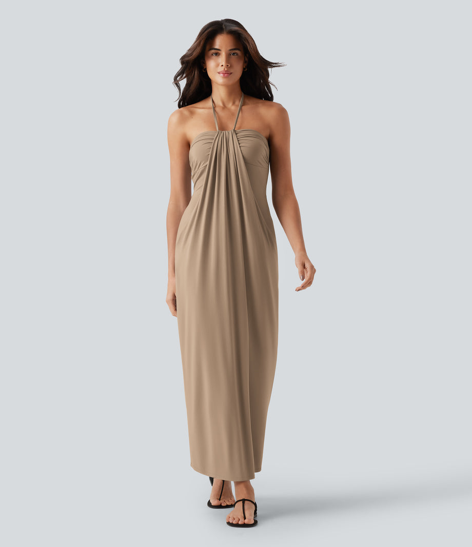 Halter Tie Back Maxi Dress with Pockets - Whisper White