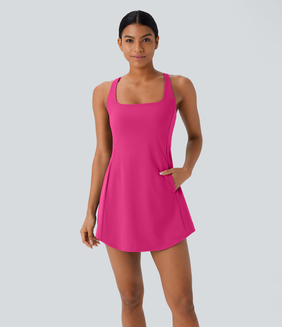 SoftlyZero™ Plush Cut Out Pocket 2-Piece Mini Yoga Active Dress - Fuchsia Purple