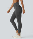 High Waisted Drawstring Striped Yoga Leggings with Pockets - Iron Gray