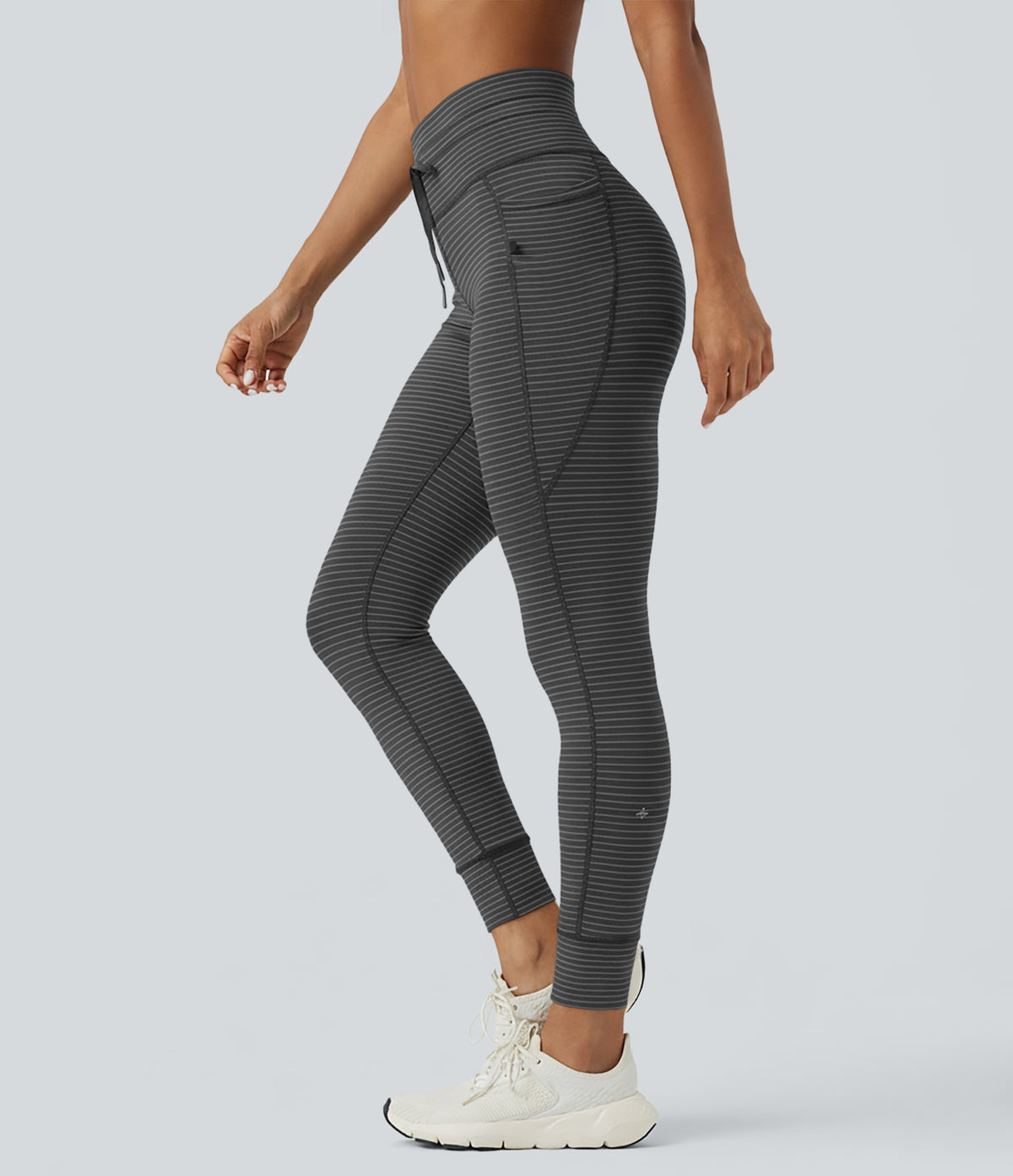 High Waisted Drawstring Striped Yoga Leggings with Pockets - Iron Gray