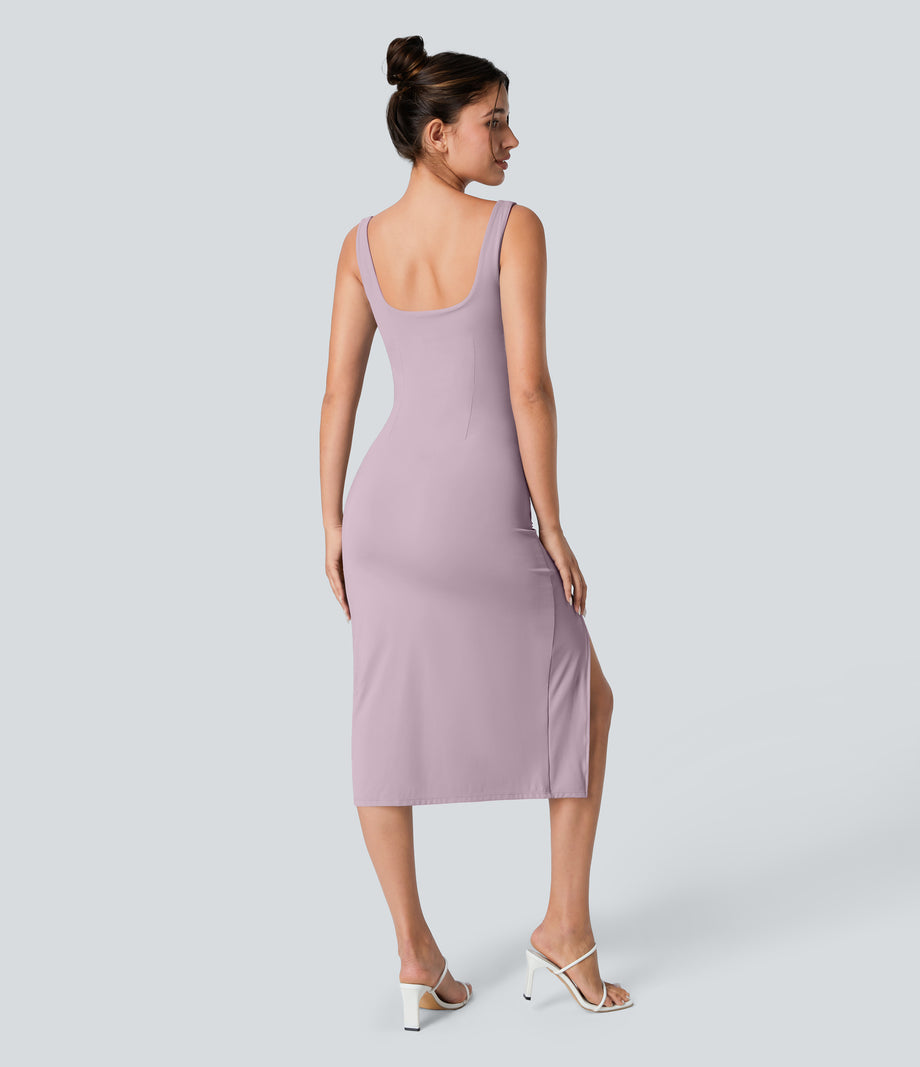SoftlyZero™ Airy Square Neck Backless Corset Ruched Split Bodycon Midi Cool Touch Bridesmaid and Wedding Guest Dress - Pink Purple