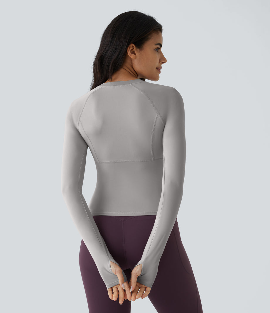 Solid Thumb Hole Yoga Sports Top - Mist Grey