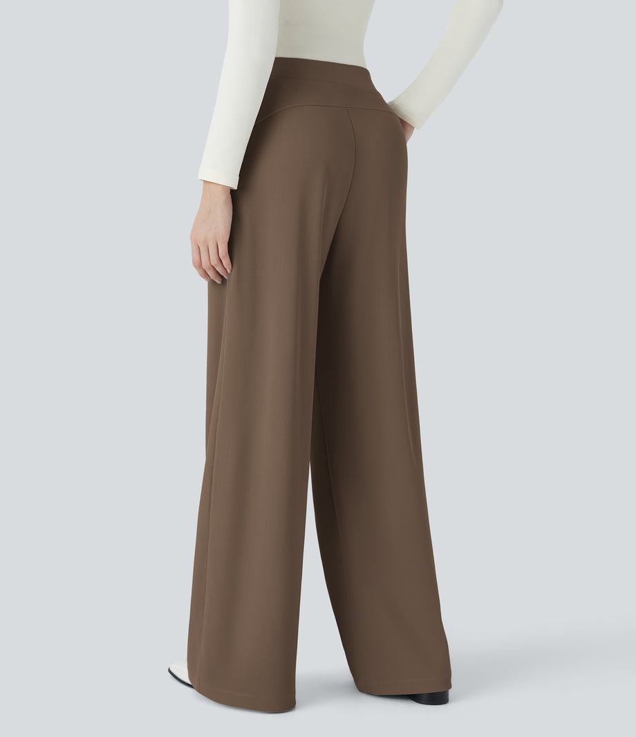 Halara Flex™ High Waisted Body Sculpt Waist-Slimming Pocket Wide Leg Micro Waffle Work Pants - Shitake