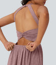 Twisted Backless Split Flowy Maxi Resort Dress with Pockets - Dusk Rose Plum