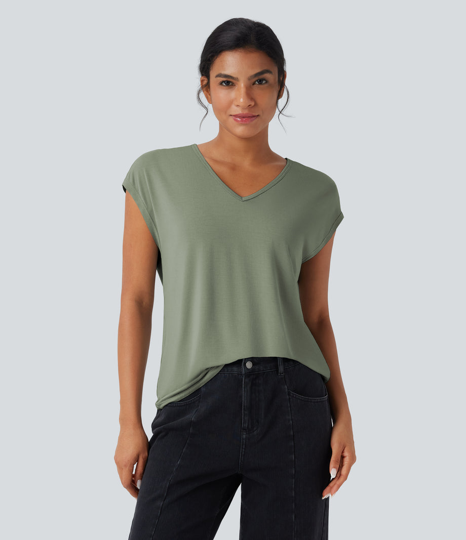V Neck Short Sleeve Casual T-Shirt - Hedge Green