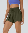 Frill High Waisted Elastic Waistband Drawstring Flowy Stacked Casual Shorts 3" - Lone Pine Green