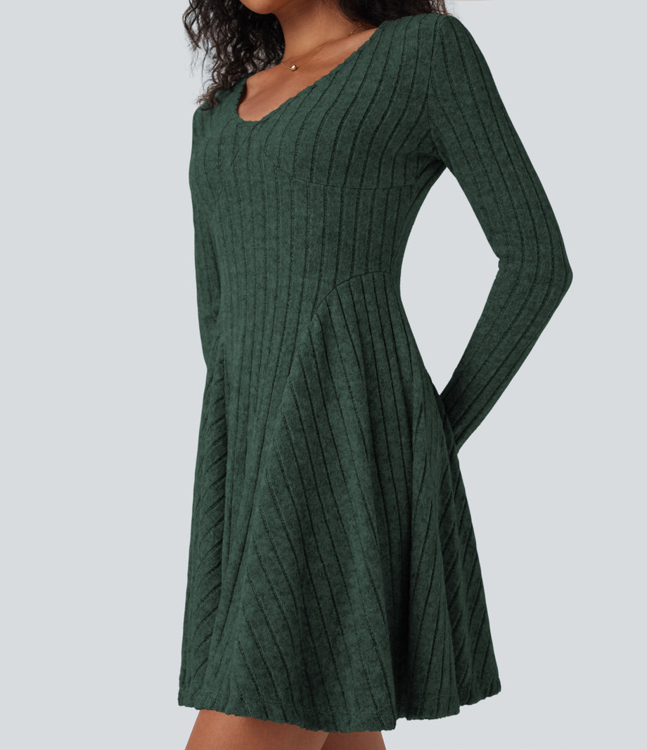 Ribbed Knit V Neck Long Sleeve Flare Mini Casual Dress with Pockets - Mottled Greenlake