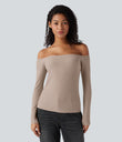 Ribbed Knit Off Shoulder Long Sleeve 2-in-1 Casual Top - Light Taupe