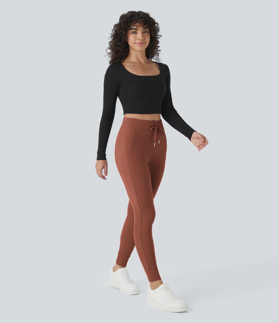 SoftlyZero™ Plush High Waisted Drawstring Pocket Plain Full Length Joggers - Sequoia