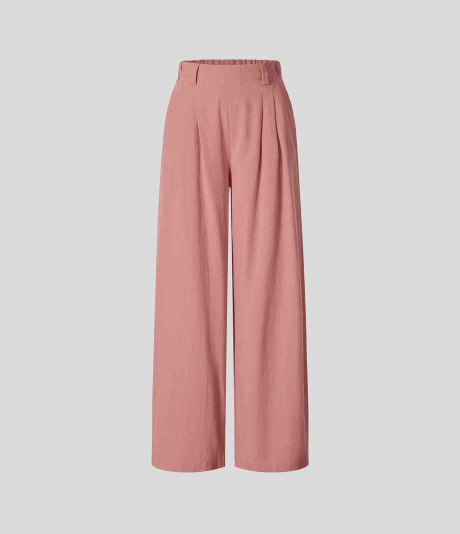 High Waisted Pocket Wide Leg Flowy Solid Palazzo Casual Linen-Feel Pants - Rosette